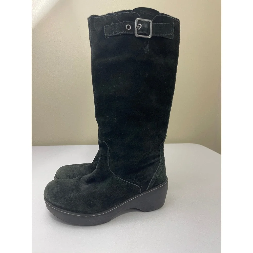 Crocs Cobbler Boots Black Suede Leather Knee High‎ Wedge Womens 9